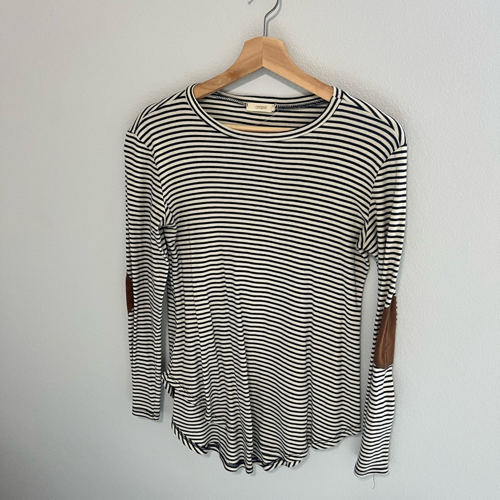 Navy and White Tee with brown elbow patches